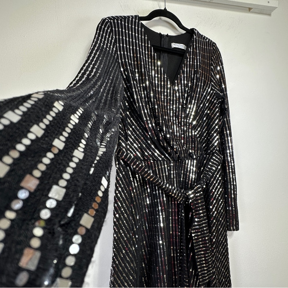 Black & Silver Embellished Faux Wrap Midi Dress Long Sleeve Shimmer Party Dress - Picture 5 of 14